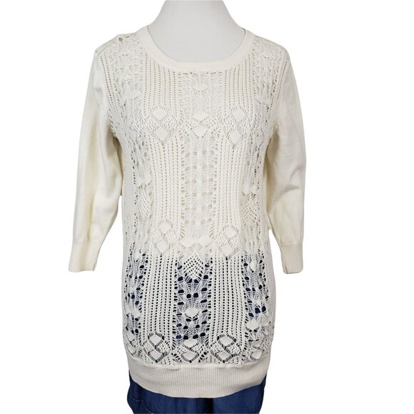 Old Navy Sweater Women's Large Round Neck Three Quarter Sleeve Knit Lace Cream - Picture 1 of 9